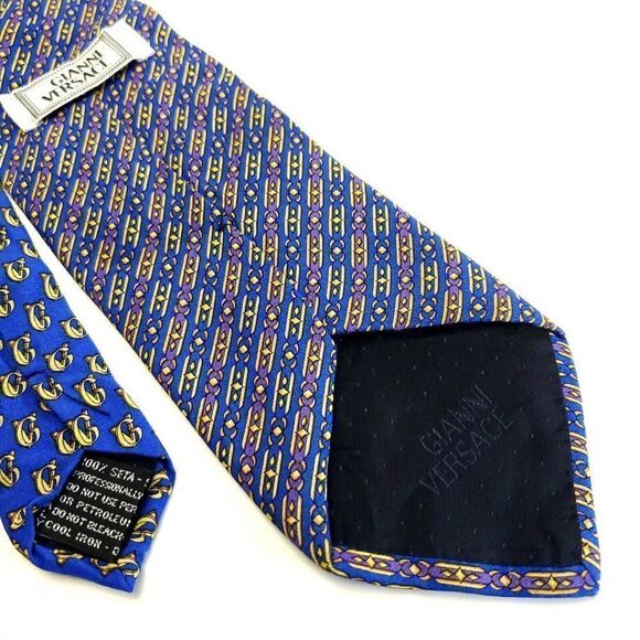 Gianni Versace Blue Print Geometric Short Silk Tie - Picture 5 of 6